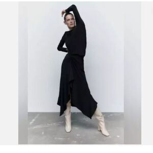 Zara Womens Midi Dress M Black Knot Front Midi Long Sleeve Cocktail 1165/549 NWT